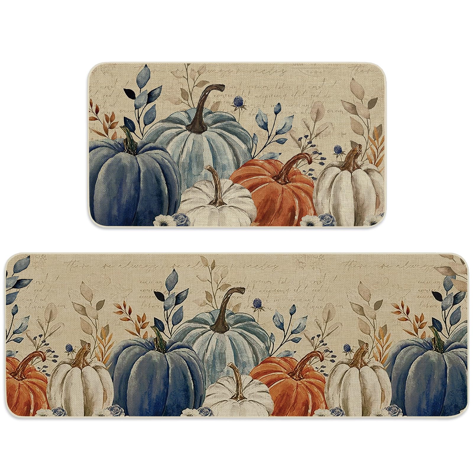 JarThenaAMCS Fall Pumpkin Kitchen Mats Blue Orange Pumpkin Leaves Non-Slip Floor Mat Autumn Decorative Bathroom Rugs for Thanksgiving, 17 x 29 Inch &