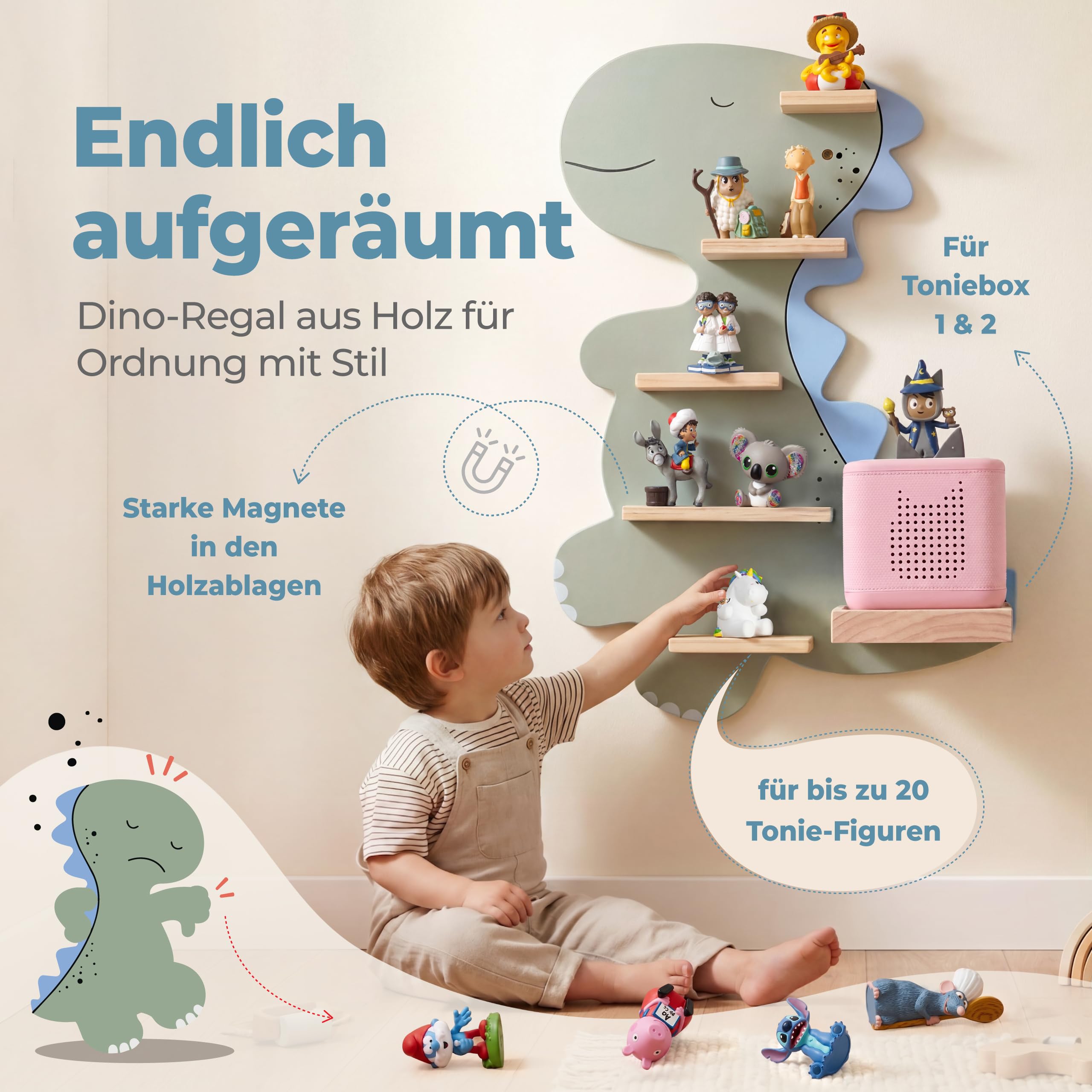 Little Goldie® Tonie Regal - für Tonie Figuren (magnetisch) und Box - Dino Motiv für Jungen und Mädchen - hängend - für Toniebox 1 und 2