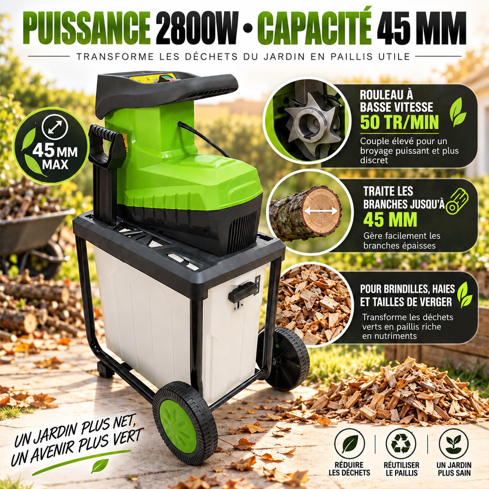 Broyeur À Rouleau 2800W pour Branches Jusqu’À 45mm