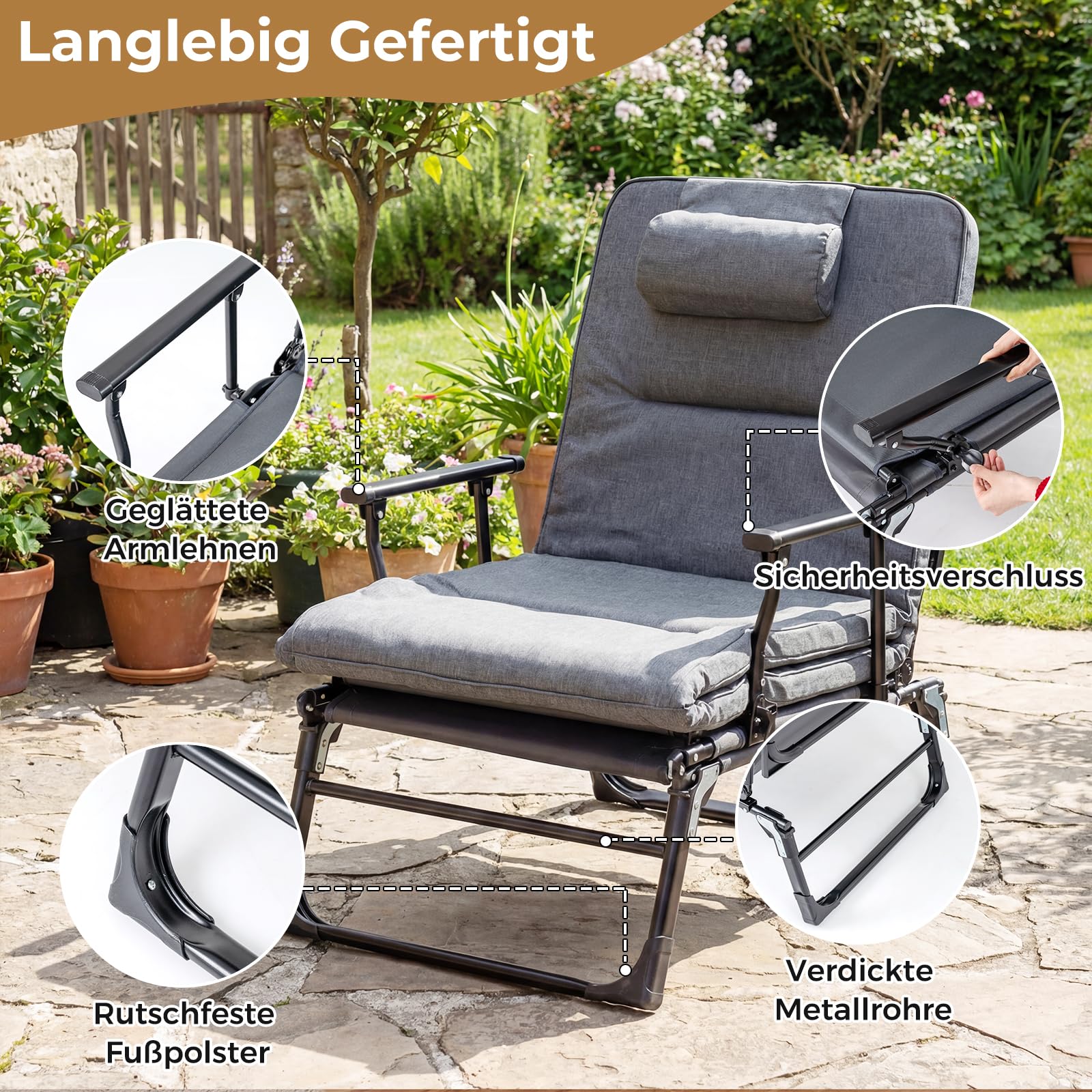 COSTWAY Sonnenliege klappbar, 3 in 1 Gartenliege mit Auflage, Kopfstütze, Verstellbarer Rückenlehne, Liegestuhl bis 200 kg belastbar, Campingliege, Klappbett für Garten, Camping, Büro