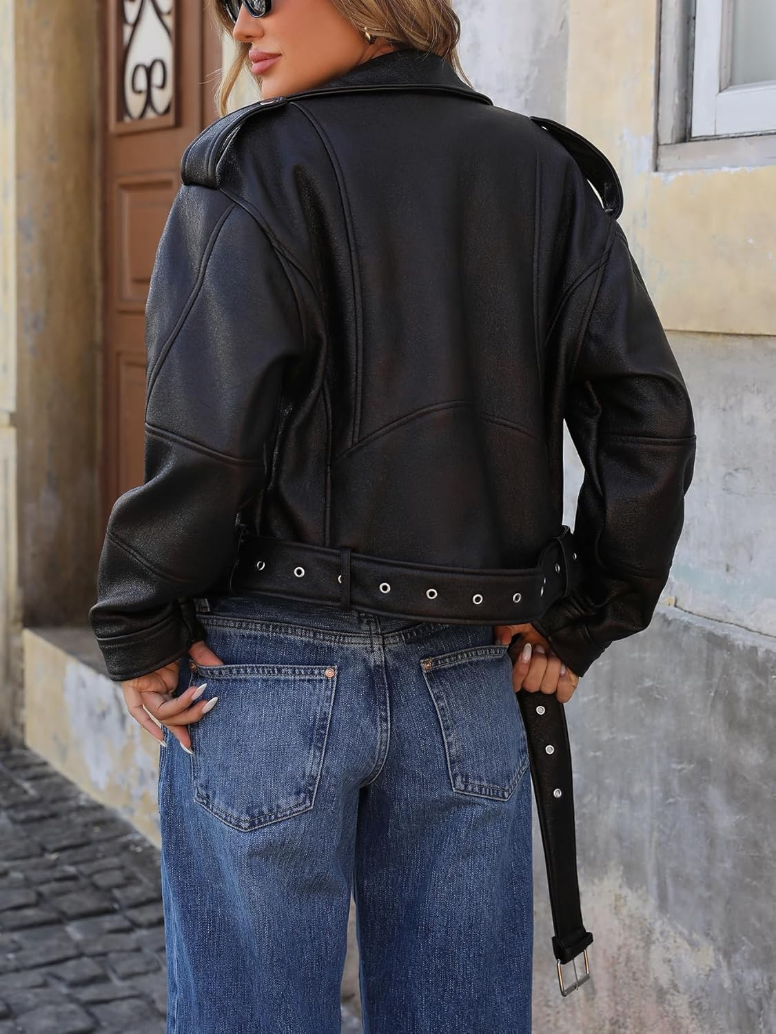 LY VAREY LIN Women Faux Leather Cropped Jacket Lapel Zipper Biker Short Coat with Belt - Image 7