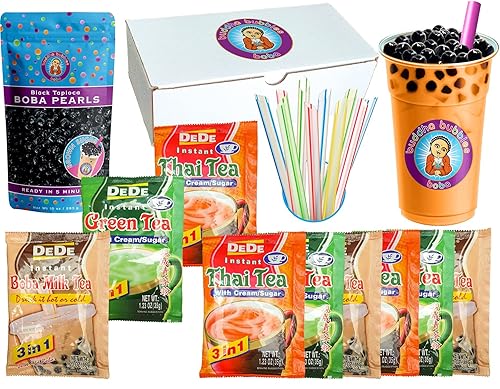 DeDe - Kit de té Boba instantáneo de 9 paquetes de bebidas popotes y boba tailandés leche y té verde Latte de Buddha Bubbles Boba