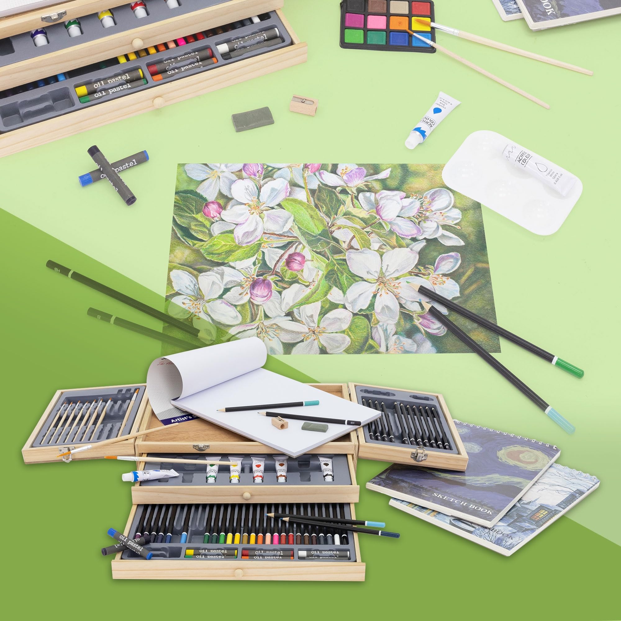 ECD Germany Set per Pittura con Valigetta in Legno 85 pezzi 3 Blocchi da Disegno A4 Colori Acrilici e Accessori Kit Disegno Pennelli Pastelli Acquarelli Portatile per Hobby Artisti Principianti