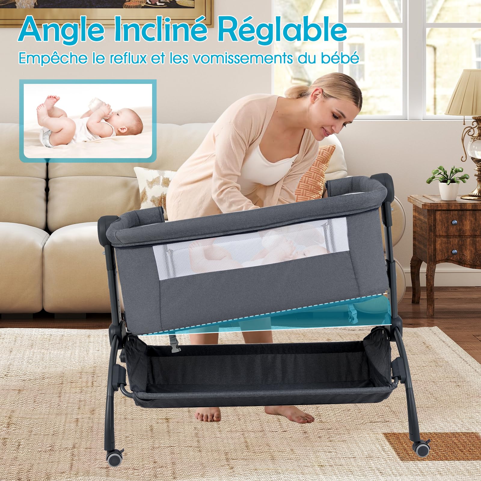 COSTWAY Lit Cododo Bébé avec Matelas & Panier & Moustiquaire, Lit Bébé Evolutif avec 7 Hauteur Réglable, Roues Universelles avec Frein, Charge 9kg pour 0-6 Mois (Gris)