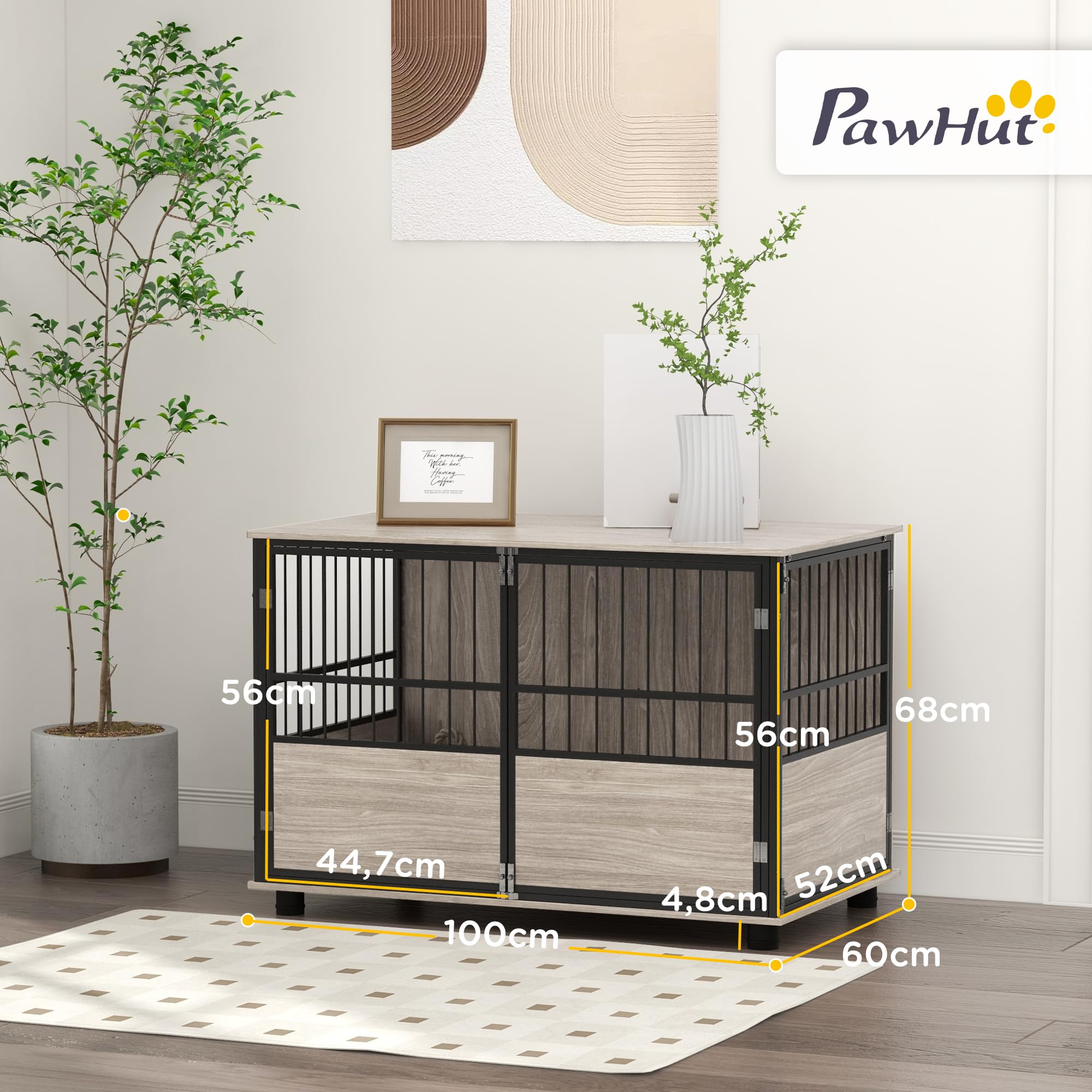 PawHut - Jaula para perro interior, mesa auxiliar, 100 x 60 x 68 cm, para perros hasta 30 kg, 3 puertas con cerradura, montaje fácil, aspecto madera negro