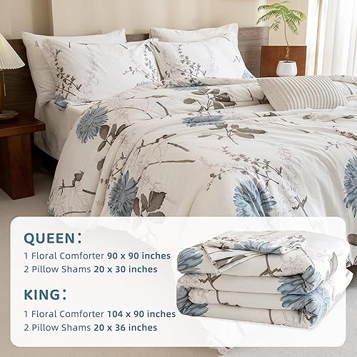 Miniatura 6 de CozyTide Juego de edredón floral tamaño King, 100% algodón, 3 piezas con estampado botánico blanco y azul, lavable a máquina