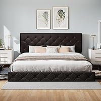 Vista 92 de WEEWAY Base de cama de plataforma de tamaño matrimonial con 4 cajones de almacenamiento, cabecera capitonada con botones de costura de diamante