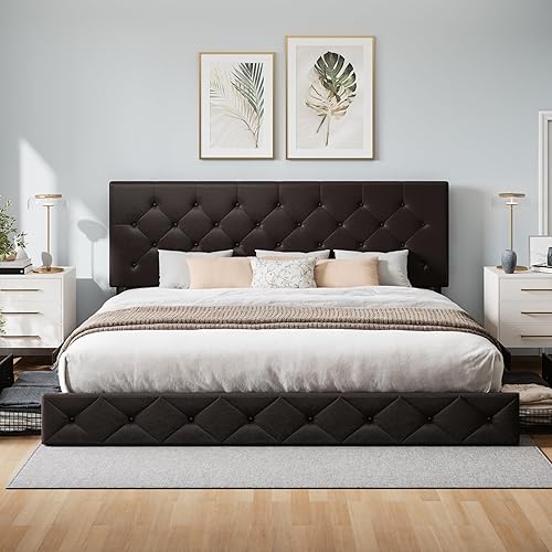 Miniatura 92 de WEEWAY Base de cama de plataforma tamaño Queen con 4 cajones de almacenamiento, cabecera capitonada con botones de costura de diamante, base de