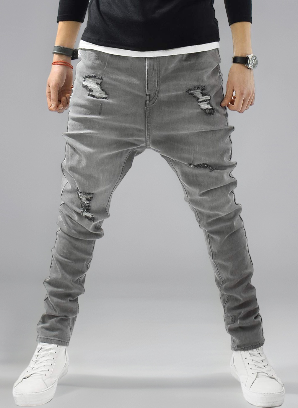 Amazon | [ASH] ダメージ加工 ストレッチ サルエルデニムパンツ (S 