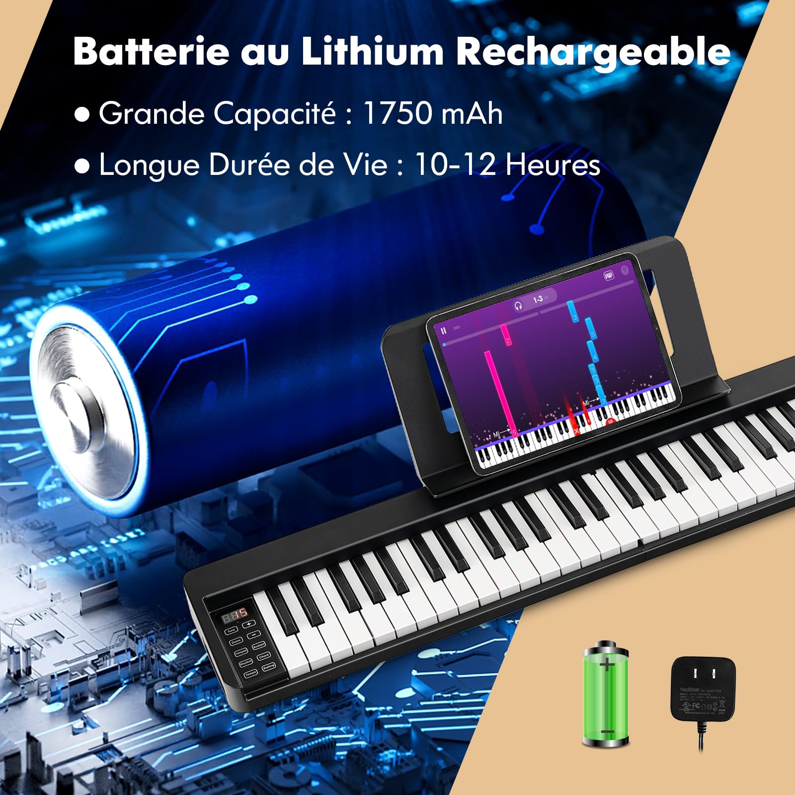 COSTWAY Piano Numérique 61 Touches Pliable avec 128 Sons & 128 Rythmes, Clavier Électronique Portable avec Fonction Bluetooth, Haut-Parleurs & Pédale de Sustain pour Enfants ou Débutants