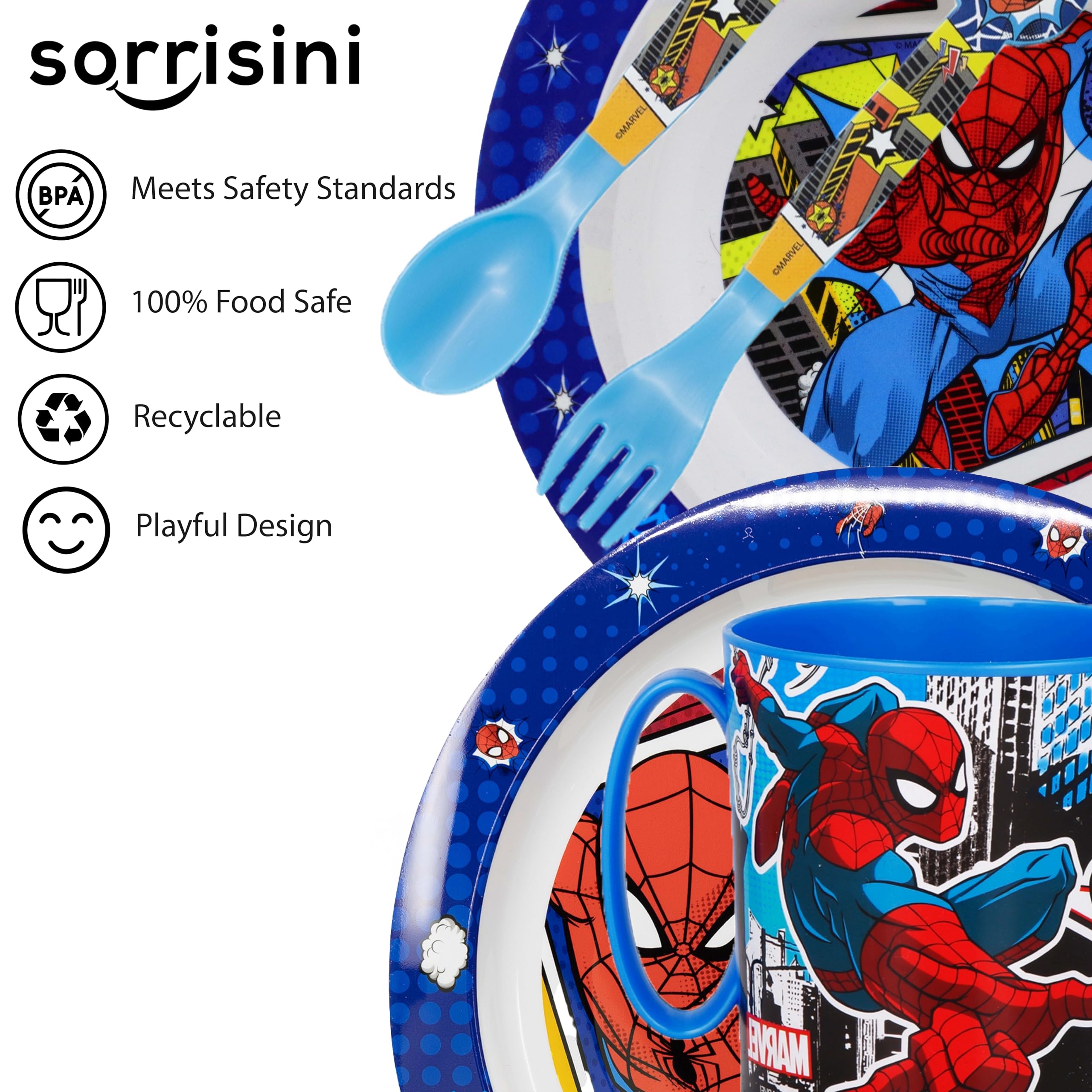 Set Piatti Bambini, Set pappa, Stoviglie bambini riutilizzabile per asilo, scoula, piatto, ciotola, posate, tazza 350ml, Set piatti in plastica dura, Spiderman