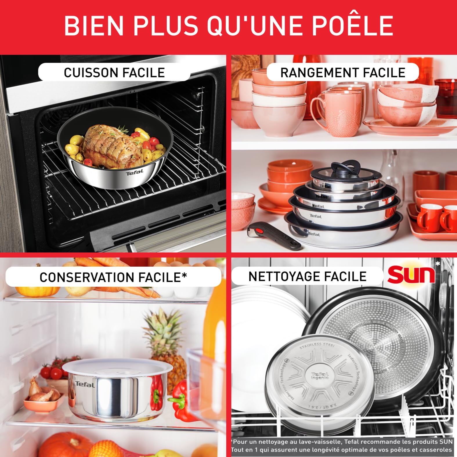 Tefal Ingenio Lot 2 Poêles, 2 Casseroles et Poignée amovible, Induction, Acier inoxydable, Empilable, Revêtement antiadhésif, Compatible lave-vaisselle, Garantie 5 ans, Emotion L897S504