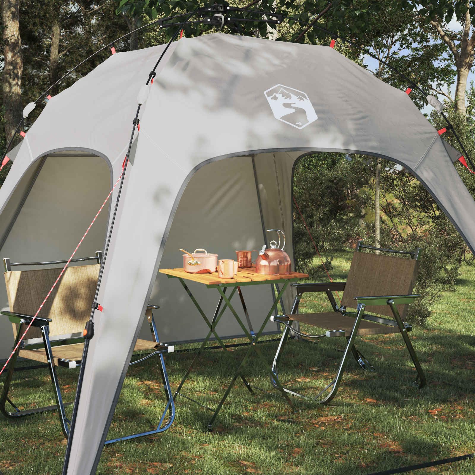 Tienda de campaña instantánea con almacenamiento, gris, 260 x 260 x 197 cm, marco de acero, para camping, viajes y aventuras al aire libre