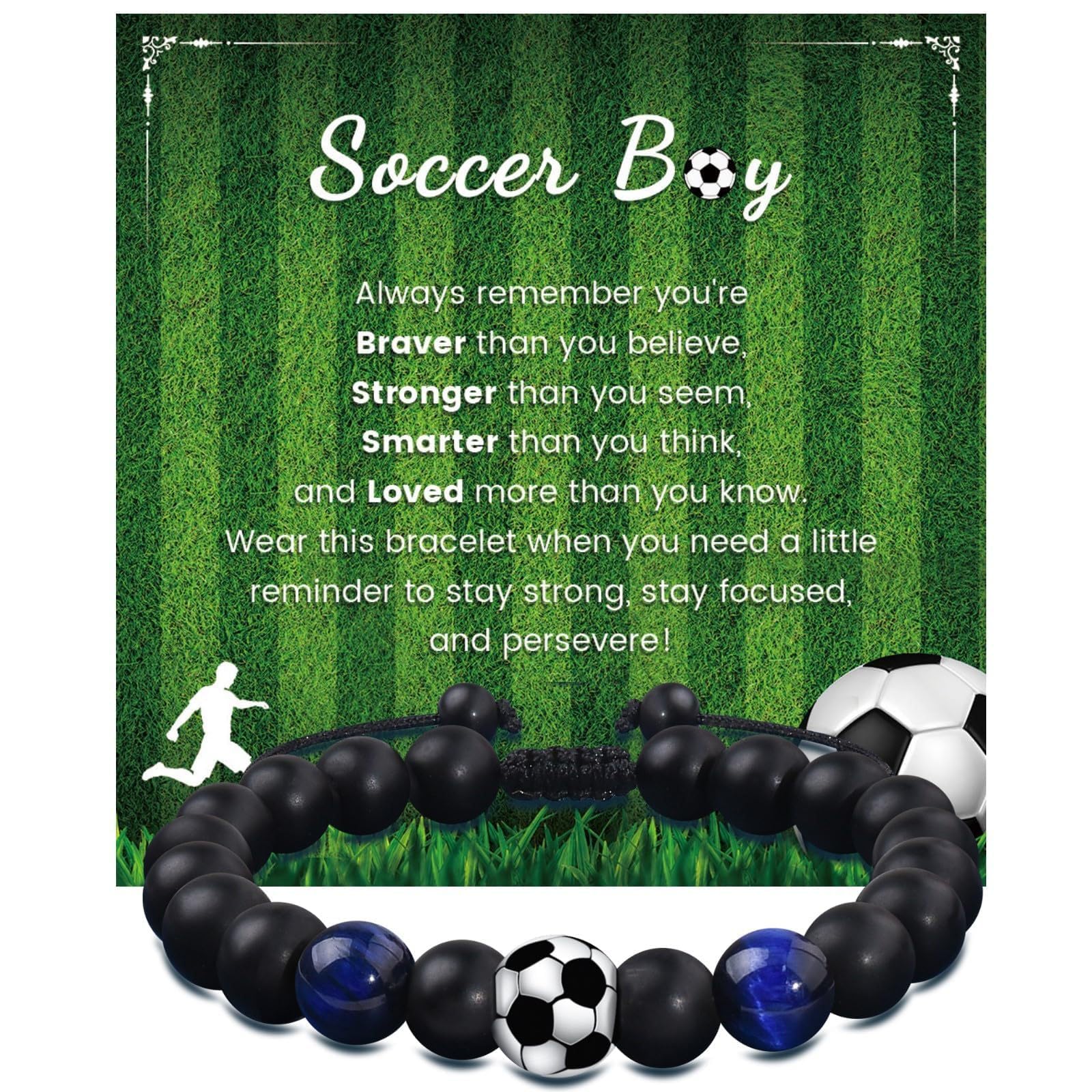 Football Bracelet with Inspiring Card, Natural Stone Black Frosted Beads Bracelet, 3D Soccer Charm with Tiger Eye Stone, Football Gifts for Boys, Teenage Soccer Fans Presents