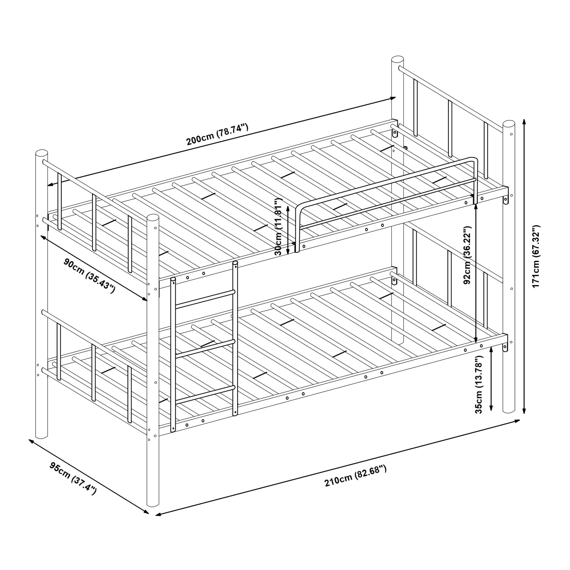 [en.casa] Letto a Castello a 2 Posti con Materassi a Schiuma Fredda 90x200 cm Struttura in Acciaio Scaletta e Sponda Barriera Anticaduta per Cameretta Ospiti Casa Vacanza - Nero