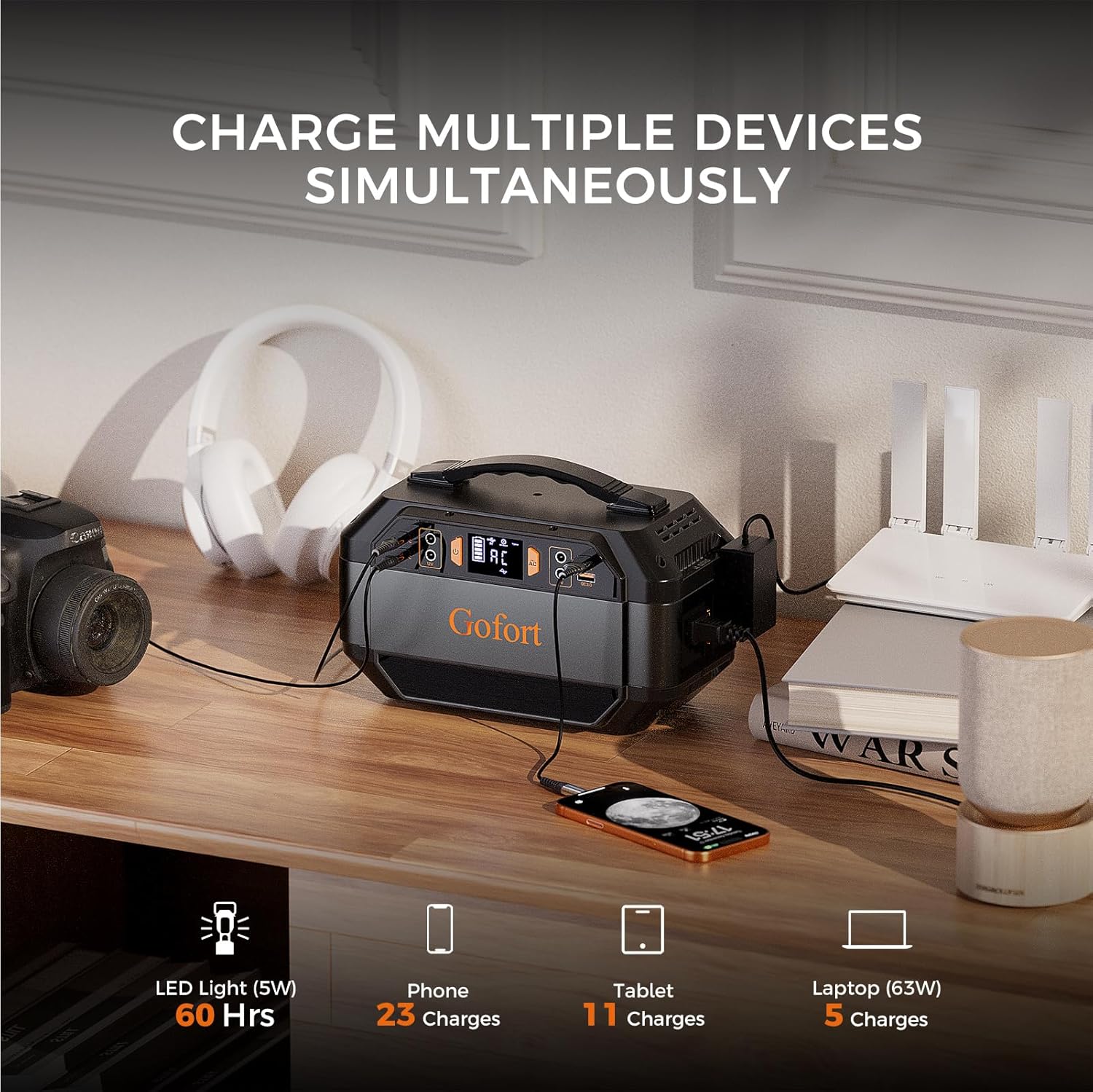 The GOFORT P56 Portable Power Station charging a phone, tablet, and laptop simultaneously on a desk.