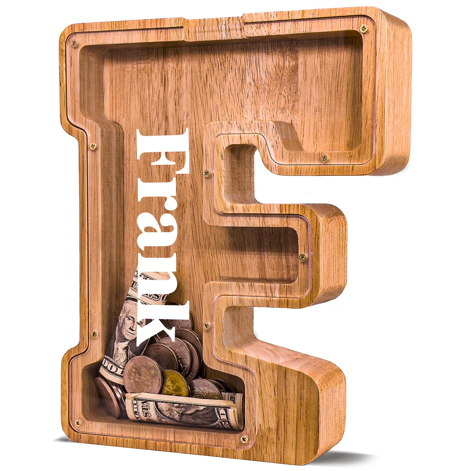 JOOMLAFLY Personalized Wooden Letter Piggy Bank for Kids Larger Letter Piggy Bank for Boys and Girls Initial Coin Bank Customized Piggy Bank Perfect Wood Kids Money Bank for Birthday and Festival