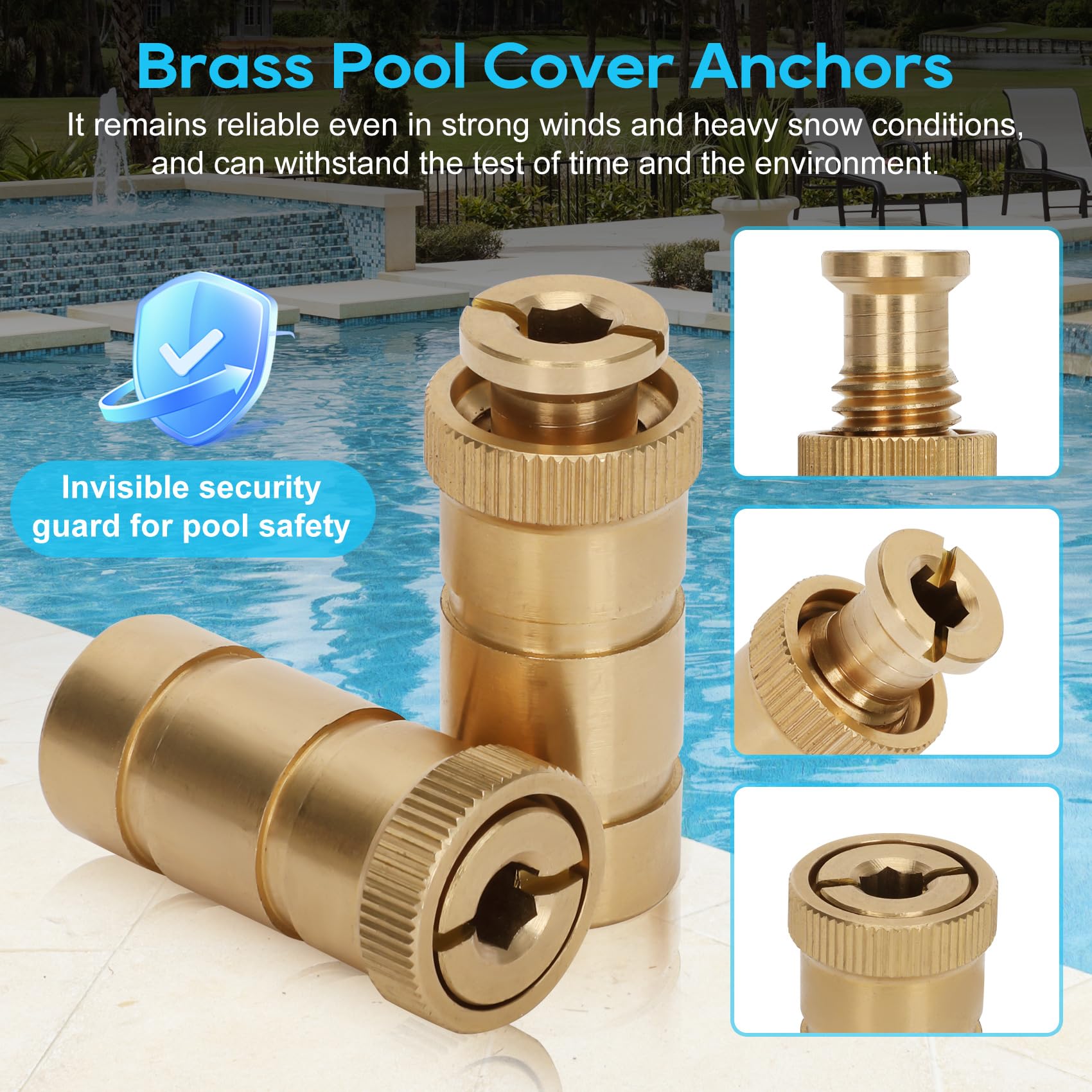 noblequest Pool Cover Anchor Removal Kit Includes 10 Brass Pool Cover Anchors, Anchor Replacement and Installation Tools, Pool Cover Tool for Inground Pools for Concrete and Paved Surfaces