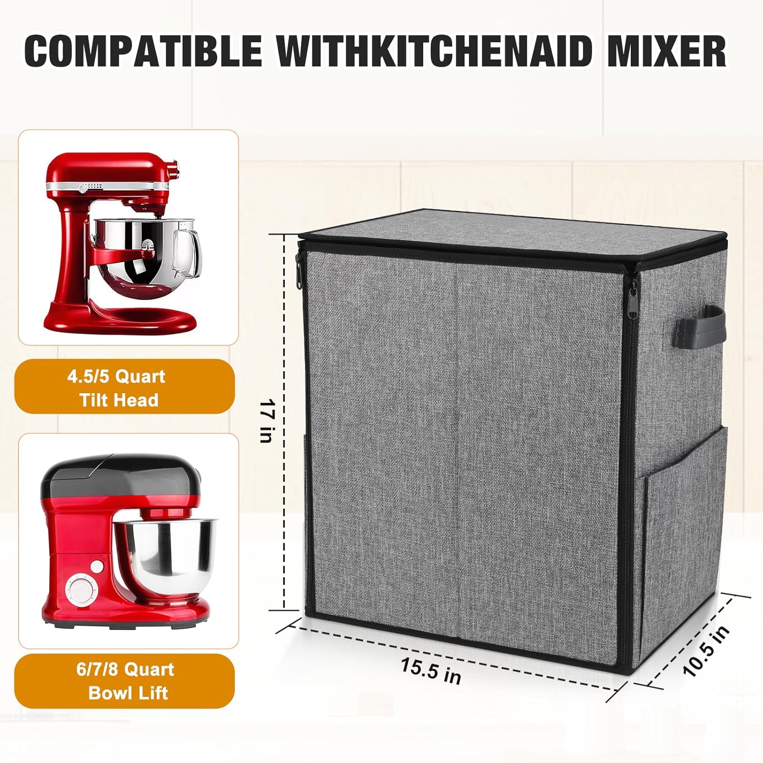 Stand Mixer Cover,Portable Kitchen Mixer Cover, Fits 6/7/8 Quart Mixers with Pockets for Storing Accessories