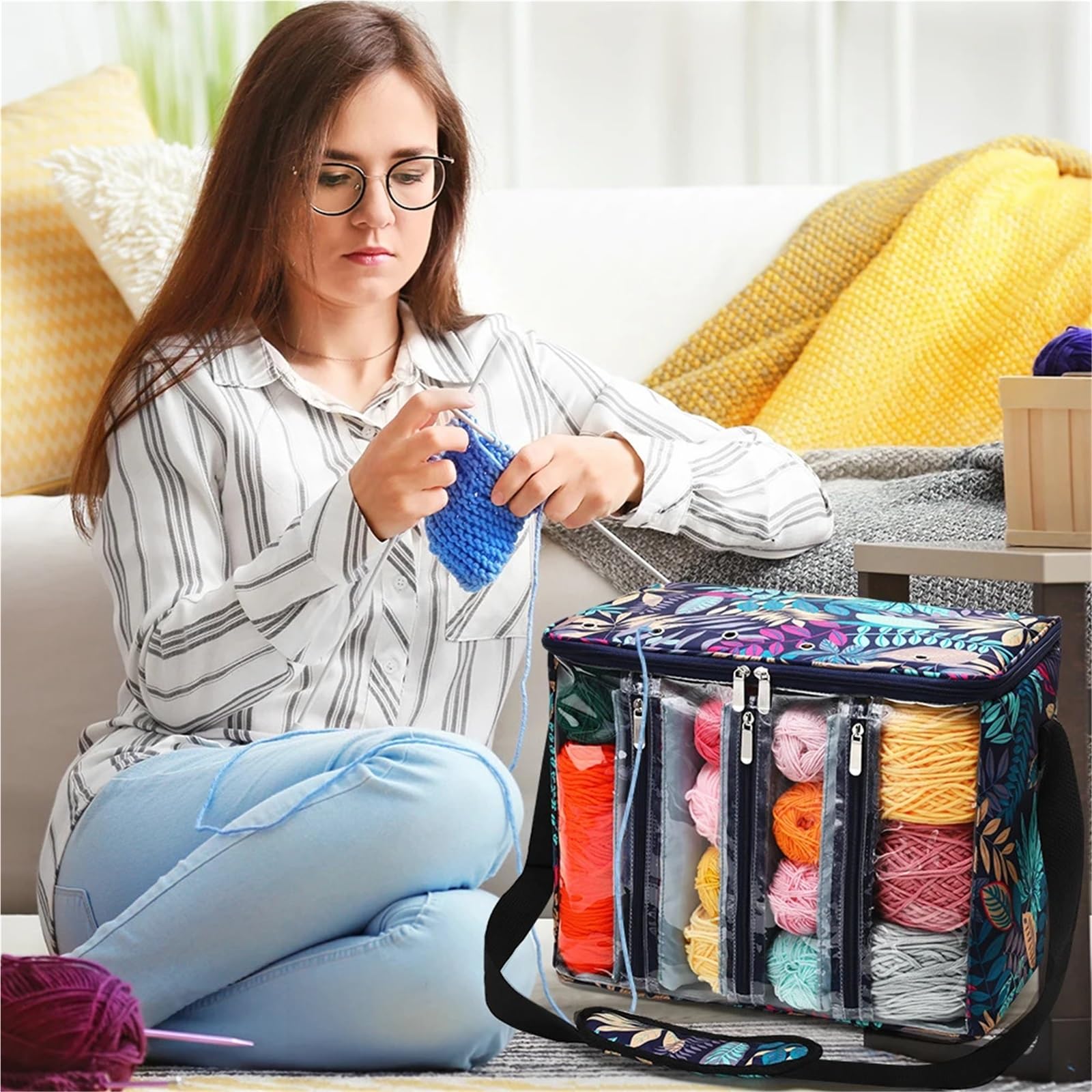 Bolsa de hilo, bolsa de almacenamiento for lanas Visible con correa for el hombro, bolso de mano tejido de tela Oxford, ganchos de tejer impermeables, bolsas(Gray)