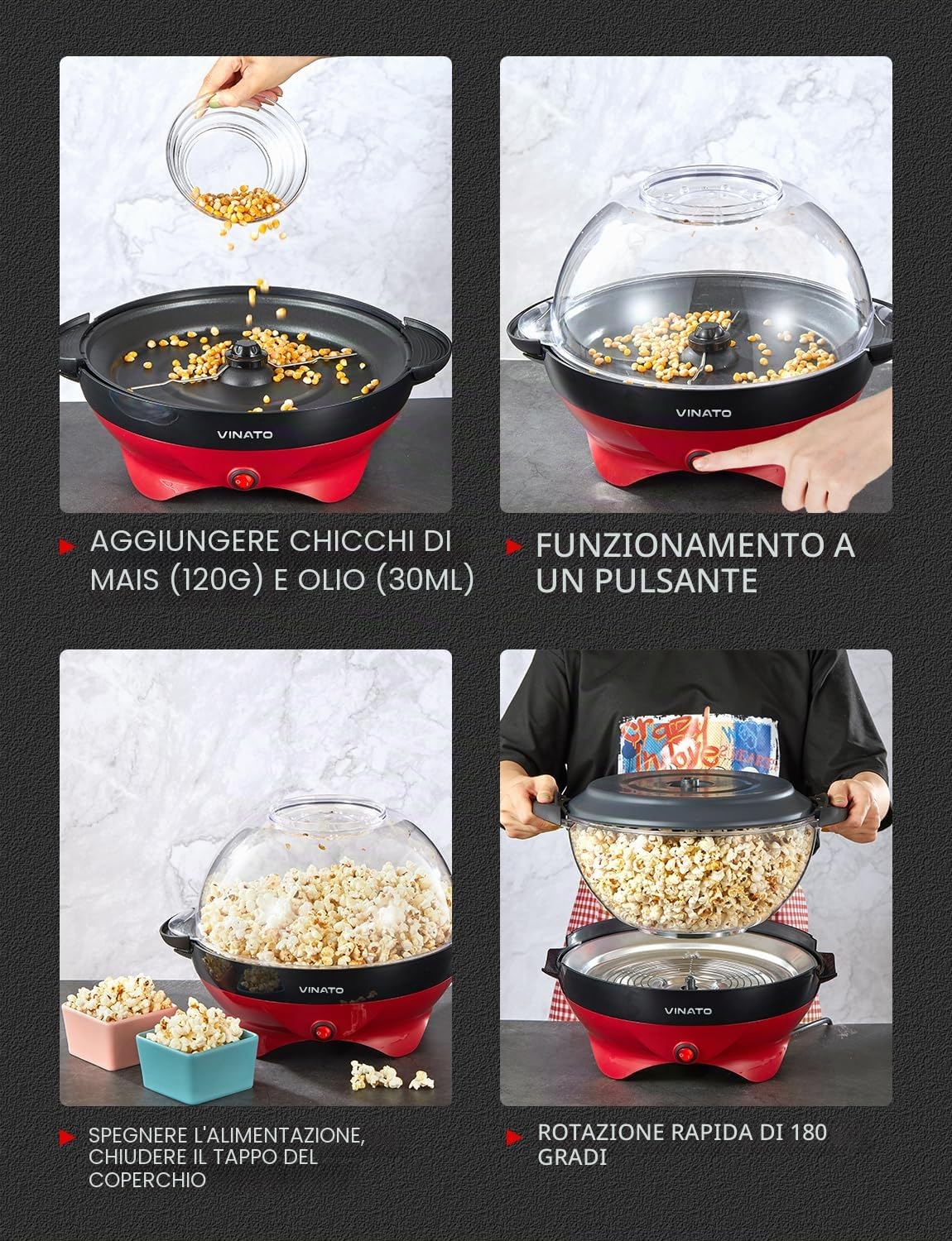 VINATO Macchina Popcorn, Macchina Pop Corn da 5 Litri per la Casa, con Rivestimento Antiaderente e Superficie Riscaldante Rimovibile, Macchina per Pop Corn Silenziosa e Veloce