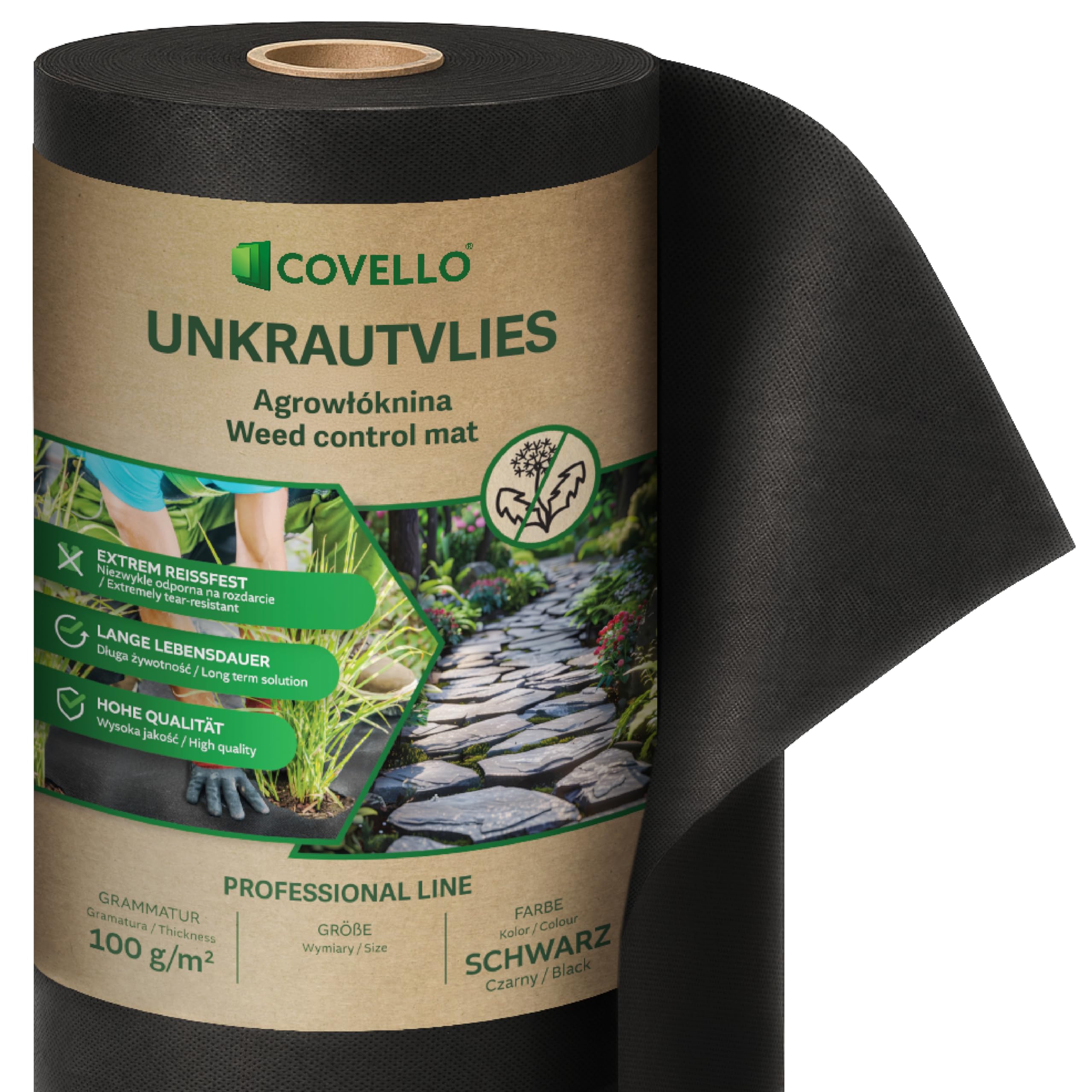 Covello Unkrautvlies 20m² Professional Line - Gartenvlies wasserdurchlässig Unkrautvlies für Garten - Unkrautvernichter Unkrautfolie hohe UV-Stabilisierung (20m x 1m) – Vlies extra stark 100g/m²