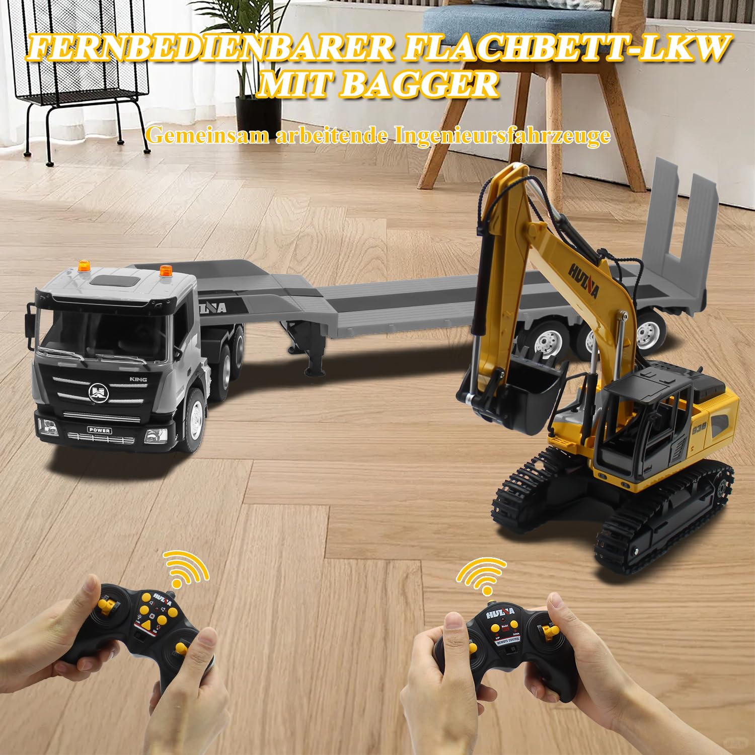 fisca RC Semi LKW und Bagger Spielzeug, 2.4Ghz Ferngesteuerter Pritschenwagen und Bagger Spielzeug, 1:24 RC Sattelzugmaschine mit Sound und Lichtern Geeignet für Baufahrzeuge für Jungen