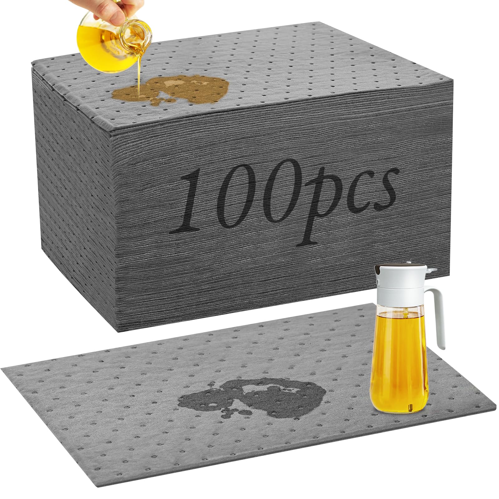 100 Almohadillas Absorbentes de Aceite Universales, 25 X 33 cm Paños Absorbentes de Aceite, Alfombrillas Absorbentes de Aceite para Derrames de Aceite y Líquidos a Case de Agua, para Taller, Máquinas