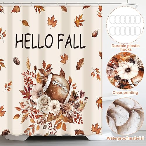 Miniatura 3 de Juego de 4 cortinas de ducha de fútbol con alfombras antideslizantes, cubierta de tapa de inodoro, tapete de baño y 12 ganchos, juego de cortinas de