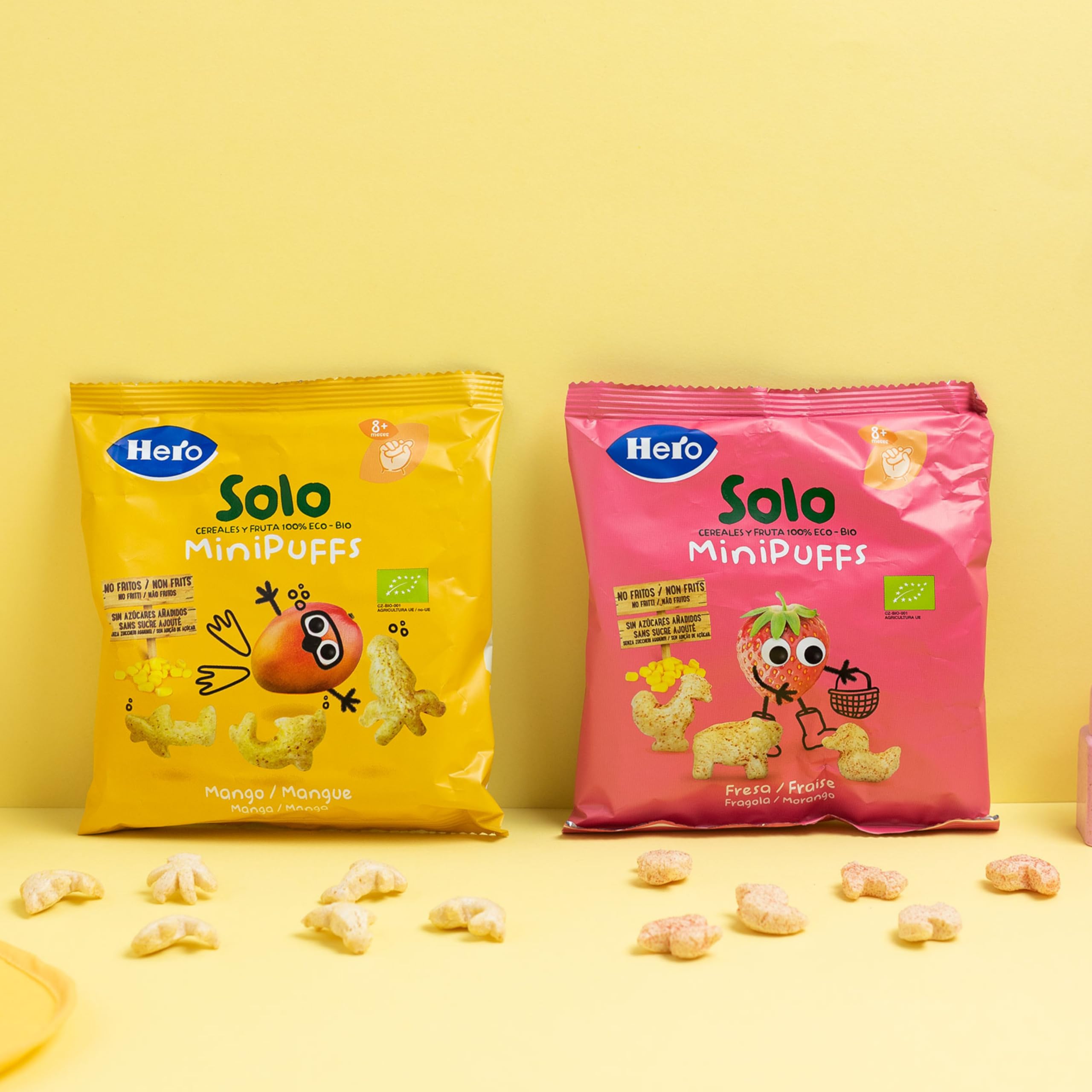 Hero Solo - Minipuff Snack de Mango, 100% ECO, BIO, con Ingredientes de Agricultura Ecológica y UE, No Fritos, Sin Azúcares Añadidos, Apto para Bebés a Partir de 8 Meses - Pack de 5 x 18 g