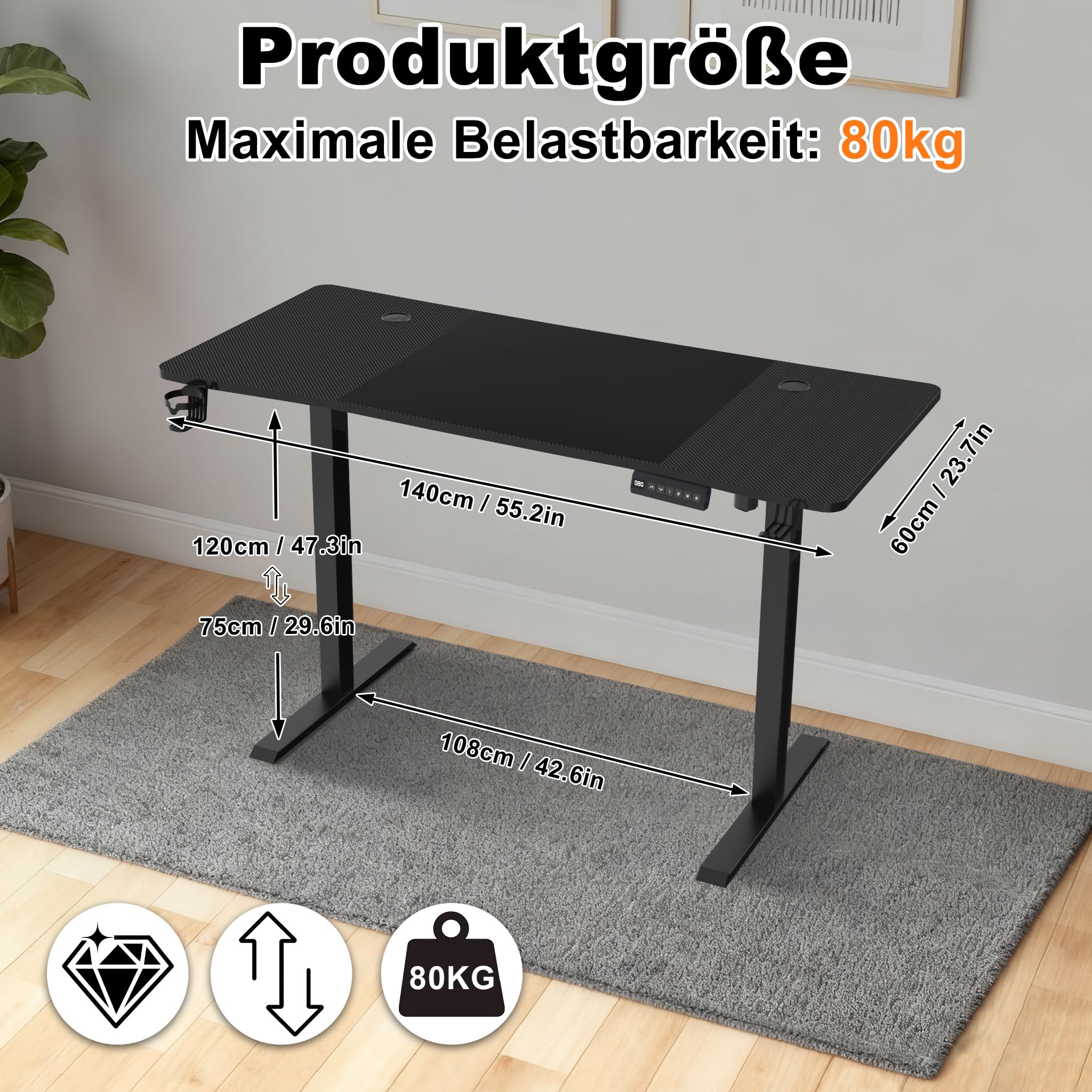 AufuN Höhenverstellbarer Schreibtisch Elektrisch 120/140/160 x 60cm mit Typ-C Ladeanschluss, Mobiler Computertisch mit Kabel Management, Standing Desk mit 3 Memory Funktion (Schwarz, 140 x 60cm)