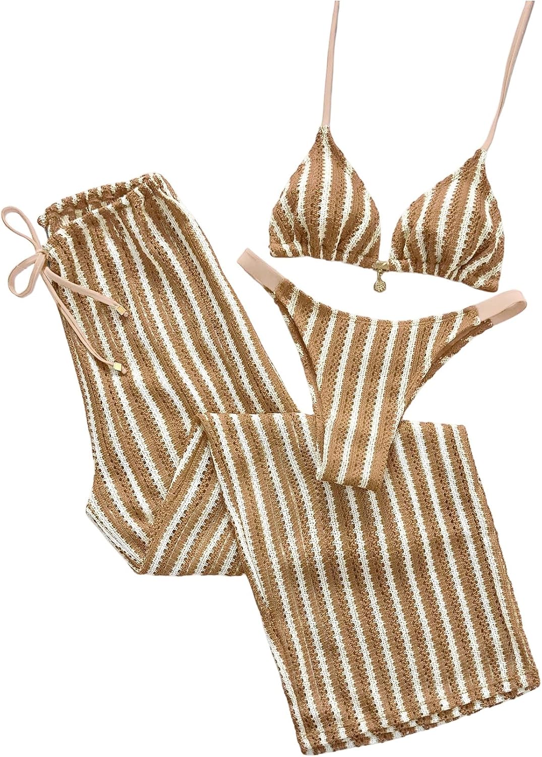 Milumia Women's 3 Piece Crochet Swimsuits Striped Halter Triangle Bikini Set with Cover Up Pants