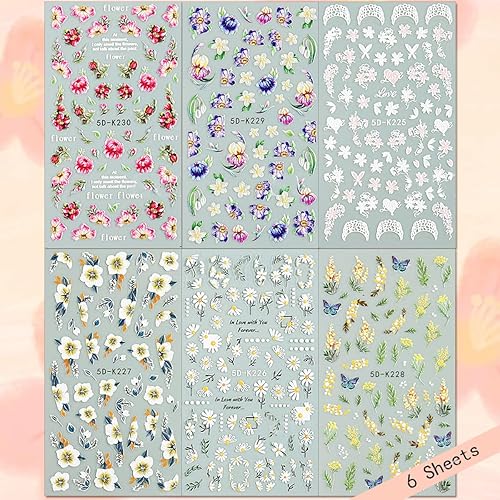 Miniatura 2 de Pegatina de arte de uñas de flores, acrílico 5D, exquisitas calcomanías de uñas en relieve, flores de primavera y verano, peonía, margaritas,