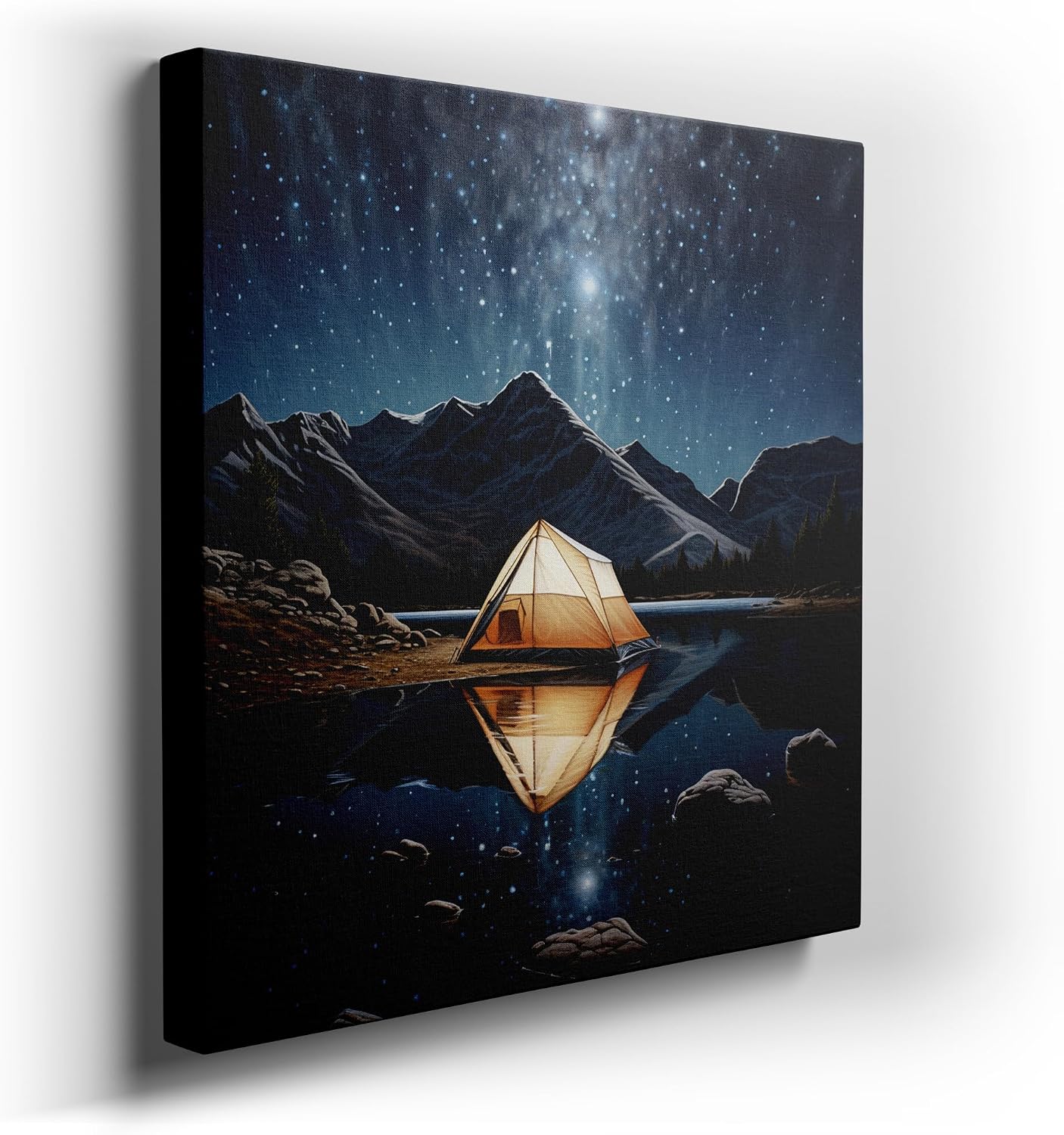 Canvas for Living room. Starry Night Serenity: A Vivid Display of Tentlight by Tranquil Waters, 27 x 18 inch Canvas Wall Art - Contemporary Masterpieces - Modern Home Decor - 69x46 cm (27x18 inch)