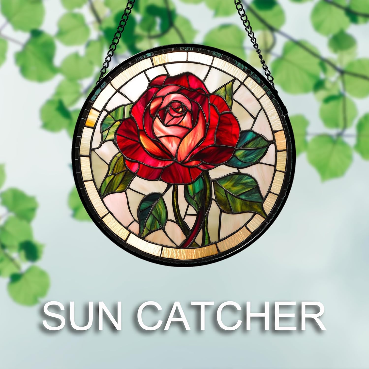 Stained Glass Window Hanging Red Rose 6.3" - Suncatcher Door Garden Sun Catcher Decor Birthday Valentine's Day Christmas for Men Woman Boy Kids Mom Nana Grandma - Image 3