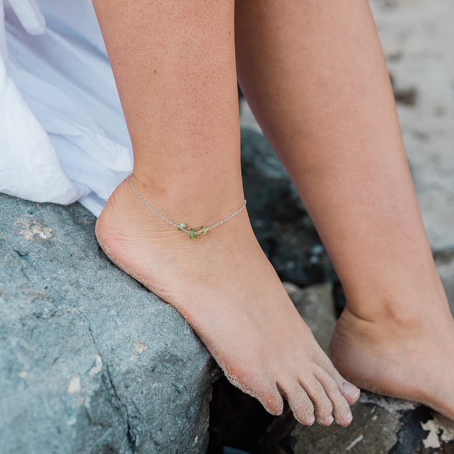 Peridot Beaded Chain Anklet in Sterling Silver