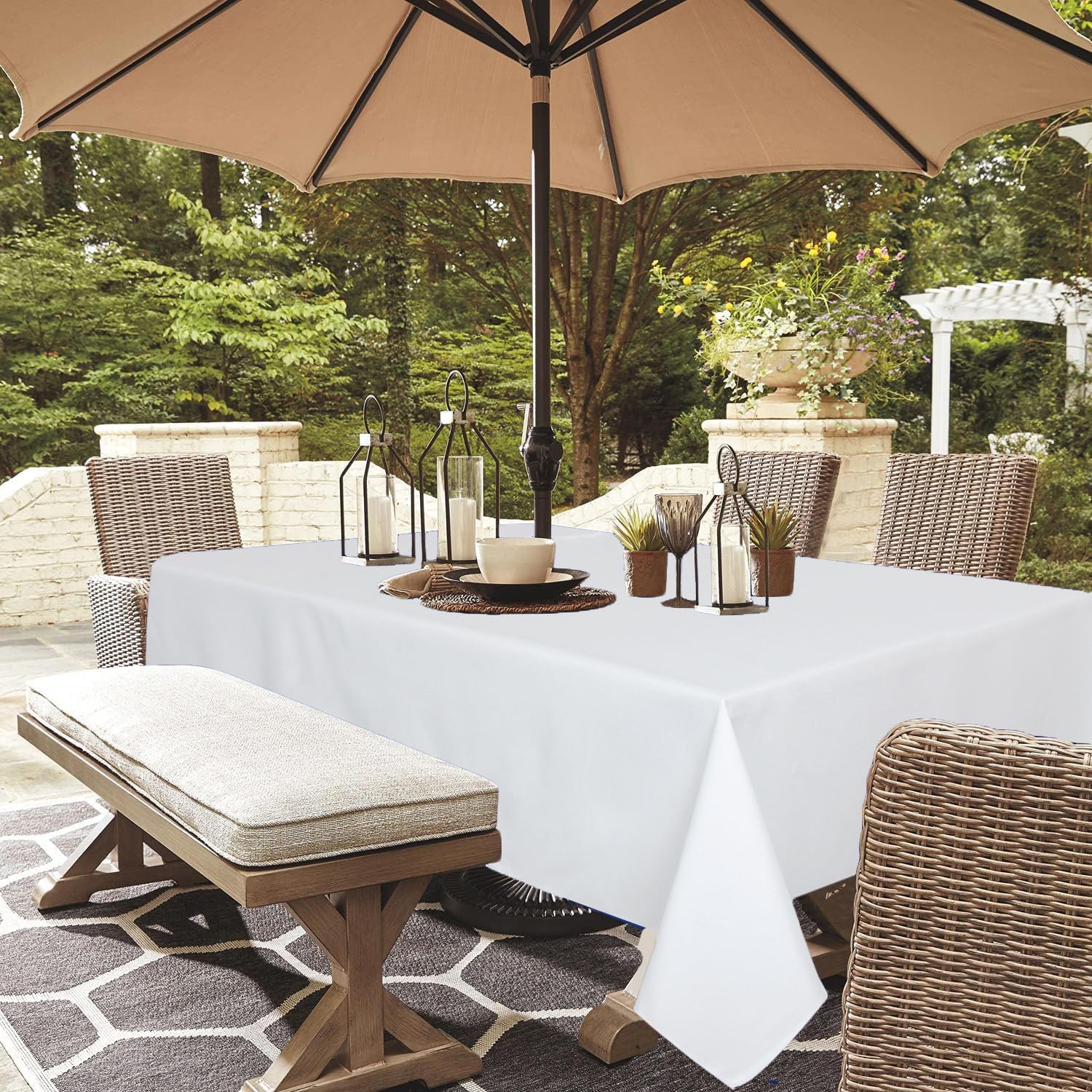youngseahome Outdoor Tablecloth Wrinkle-Free Stain Resistant Waterproof Polyester Fabric Table Cover with Zipper Umbrella Hole for Picnic/Party/Dinner/Patio Garden(60×84inch,Zippered,White) — image 1