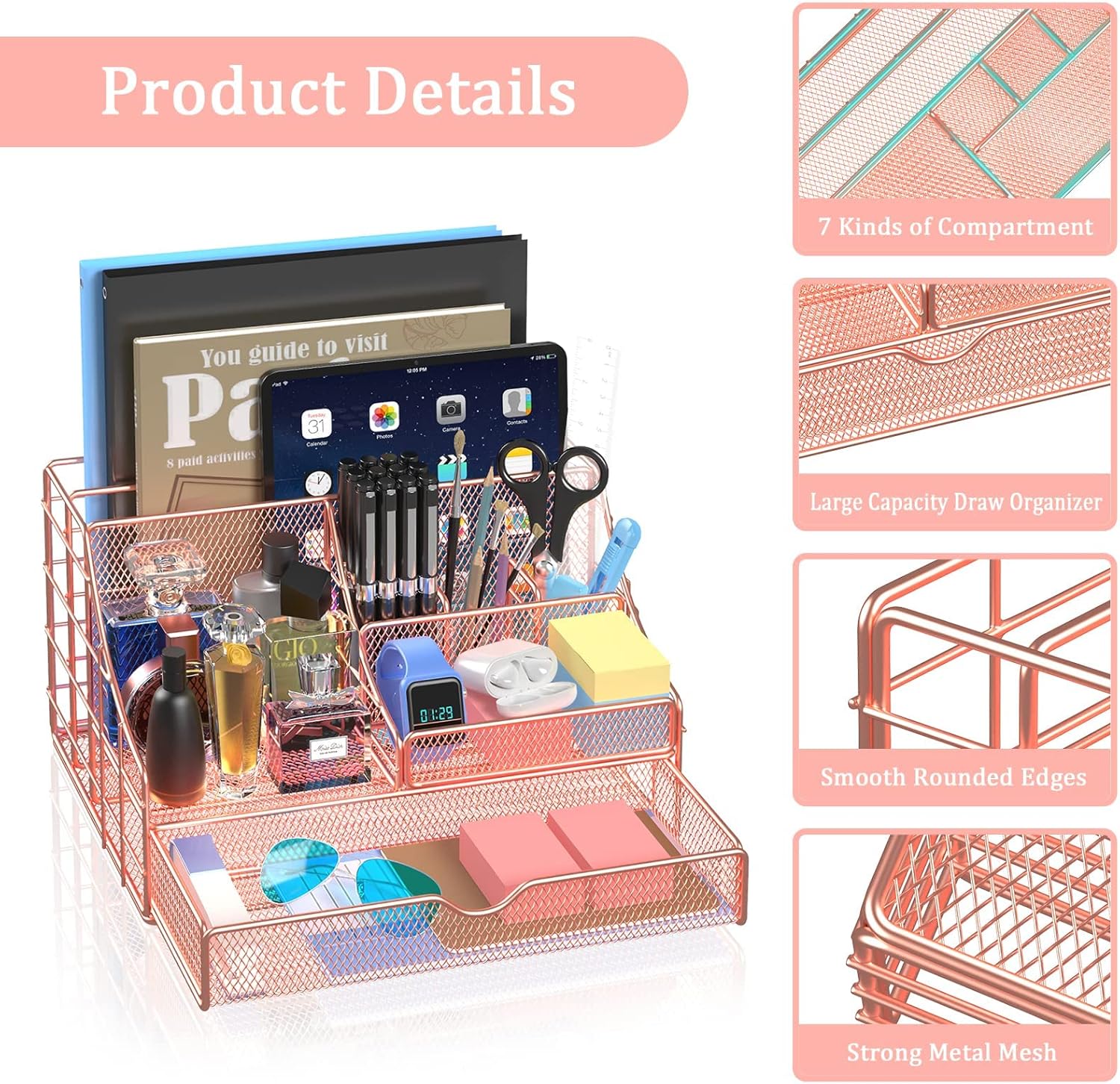 Rose Gold Desk Organizer and Accessories, Large Office Supplies Desk Organizer Caddy with Pen Holder, 7 Compartments + 72 Clips Set, Mesh Desktop Organizer with Drawer for Women, Office, School : Office Products