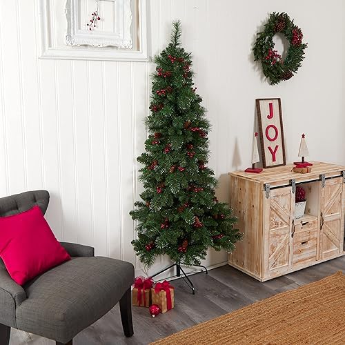 Vista 10 de Nearly Natural Árbol de Navidad artificial de pino de montaña de Montreal con parte trasera plana de 6 pies con piñas, bayas y 150 luces LED blancas