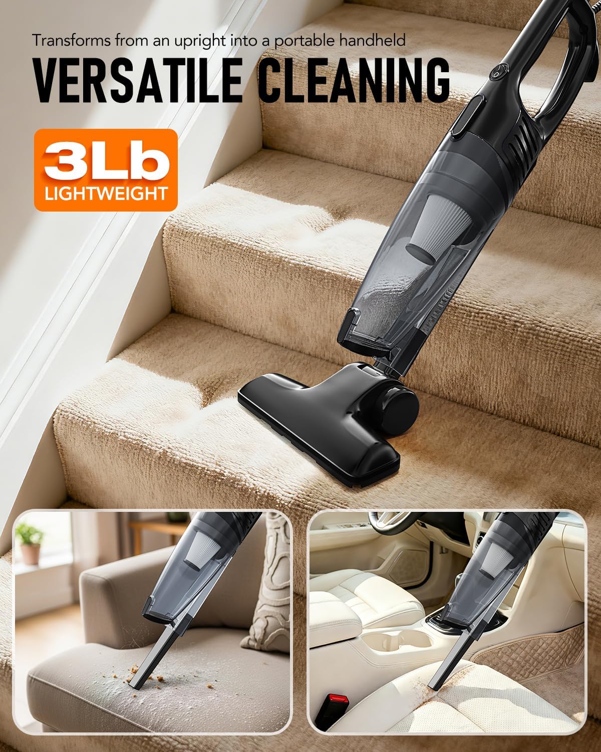 Corded Stick Vacuum Cleaner, 15000Pa Powerful Suction, Lightweight 3 lbs Corded Vacuum for Pet Hair & Hard Floors, Long 16.7ft Cord, 1L Dust Cup & Crevice Tool Included (Black)