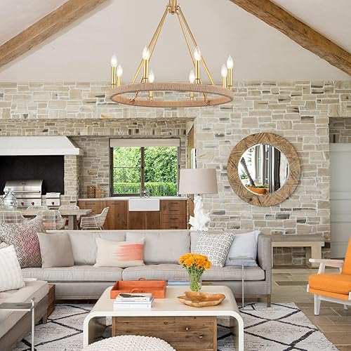 Miniatura 7 de Candelabro dorado con rueda de carro, 8 luces doradas para comedor, lámpara colgante redonda rústica de 24 pulgadas para sala de estar, vestíbulo,