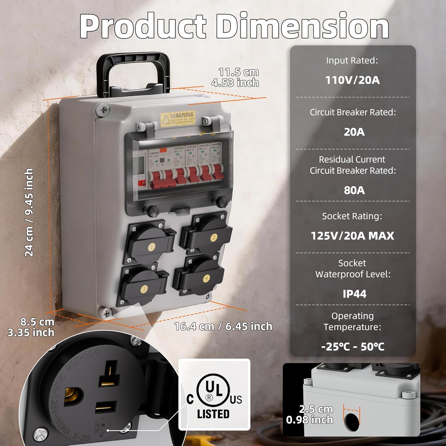 Joinfworld Power Distribution Box, 15A 110V Electrical Box with NEMA 5-20 Outlet IP65 Waterproof Breaker Box Power Socket for Construction Site Home Tool - Image 2