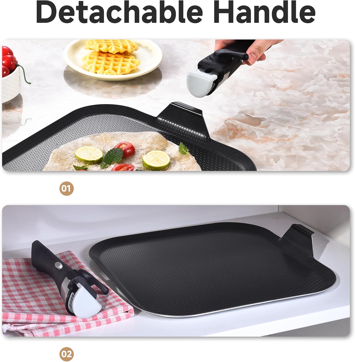 LOLYKITCH 11 Inch Ceramic Nonstick Square Griddle Pan，Hybrid Tri-ply Stainless Steel Pancake Pan,Detachable Handle,Dishwasher and Oven Safe