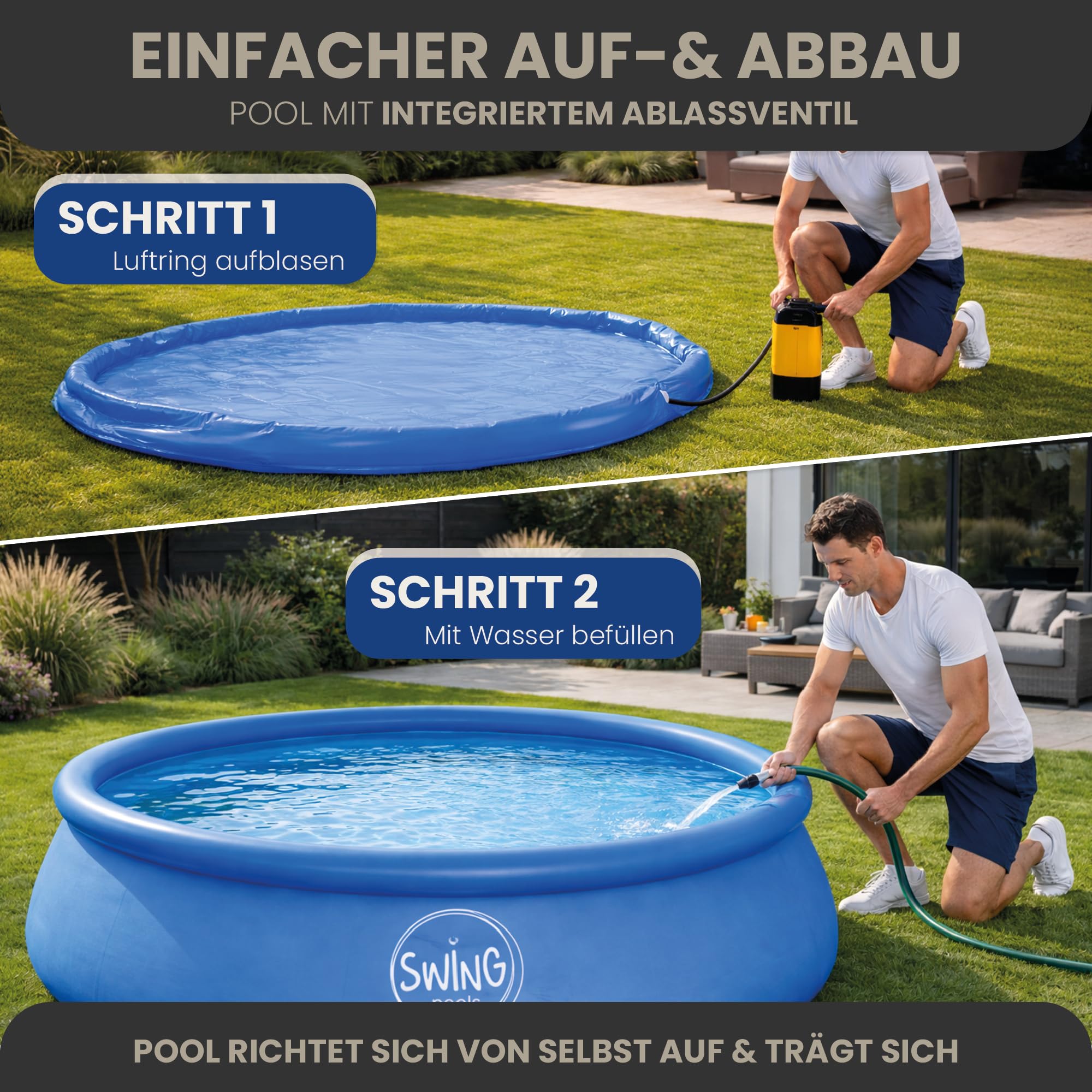 HAF Swing Quick-Up Pool Ø 366 x 91 cm 6.700 Liter Selbsttragender Swimmingpool rund Garten Planschbecken aufblasbar