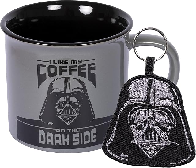Star Wars Darth Vader Mug and Keyring Set in Presentation Gift Box (Coffee Dark Side Design) 11oz Ceramic Campfire-Style Mug and Woven Key Fob - Official Merchandise