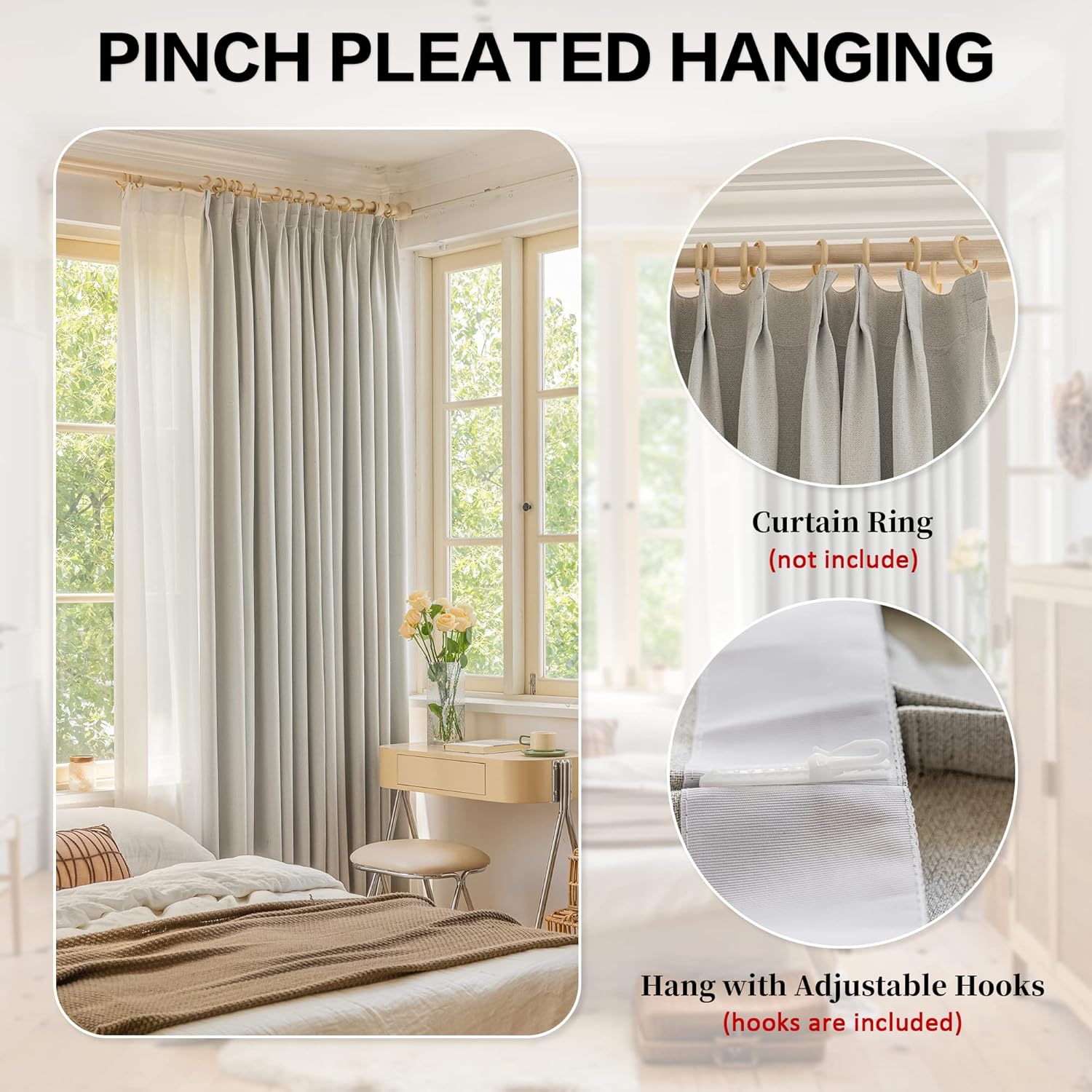 HUTO Pinch Pleated Curtain 52W x 84L Inches, Faux Linen Full Blackout Thermal Insulated Waterproof Pleated Drape with Tieback for Bedroom, Living Room, Meetingroom, Theater (White Birch, 1 Panel)