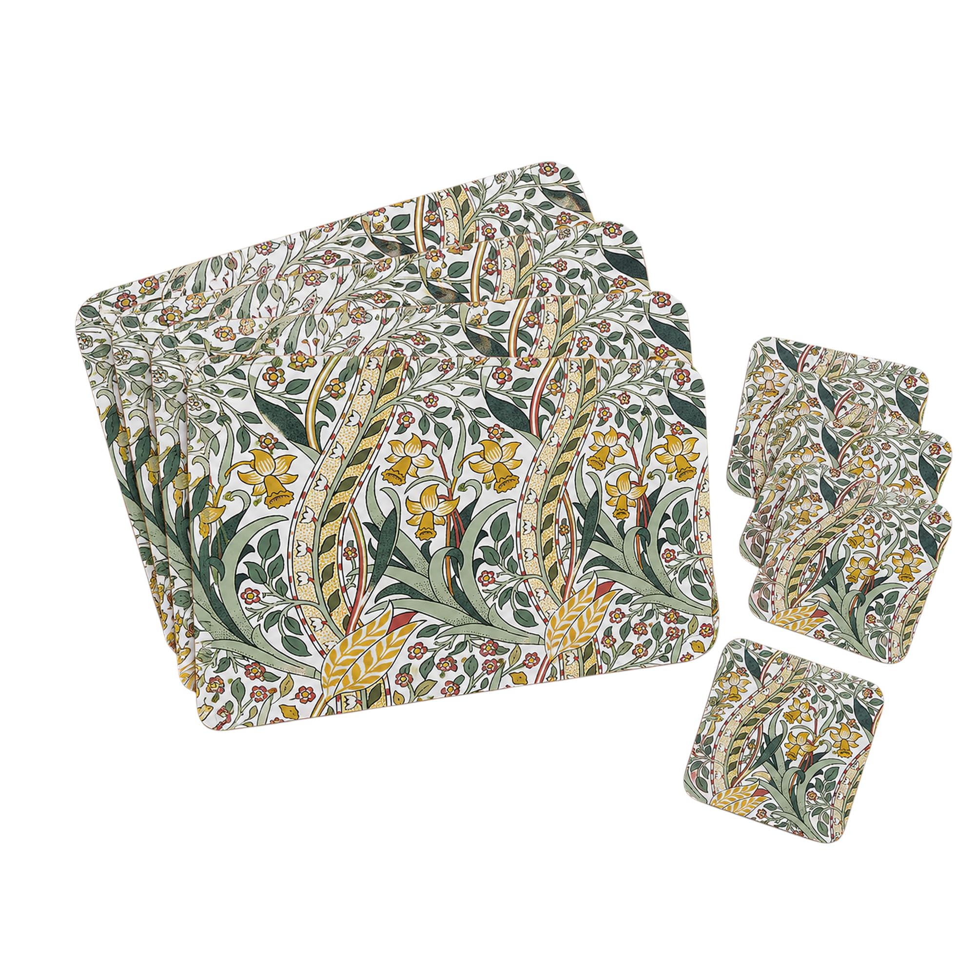 William Morris Daffodil Placemats and Coasters Set of 4 of Each with Wipe Clean Finish with Corked Back for Dinner & Dining Room Table