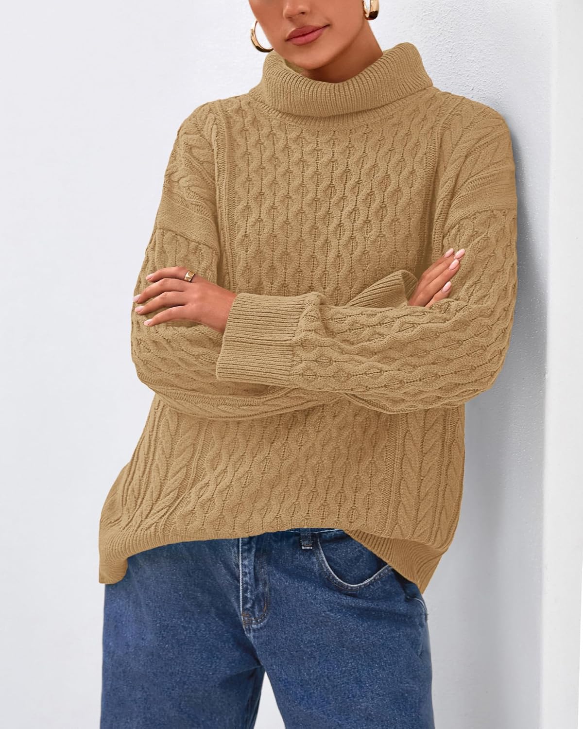 BTFBM Casual Women Fall Sweaters 2025 Long Sleeve Turtleneck Ribbed Knit Pullover Loose Cable Knit Sweater - Image 7