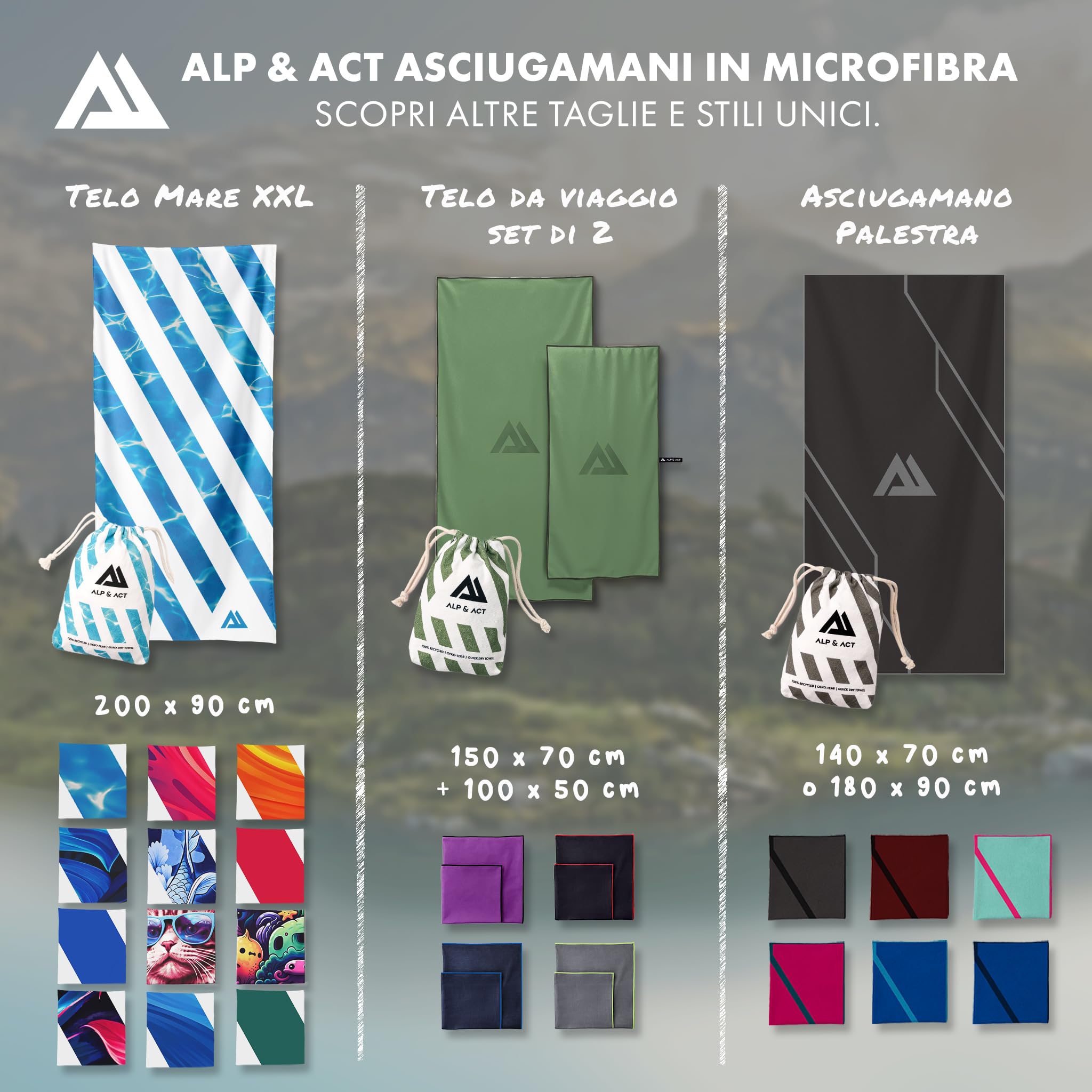 ALP & ACT Telo Mare XXL 200x90 cm - 100% microfibra riciclata - ULTRALEGGERO & asciugatura rapida - Asciugamano grande per vacanza, spiaggia e piscina - Telo bagno - multicolore