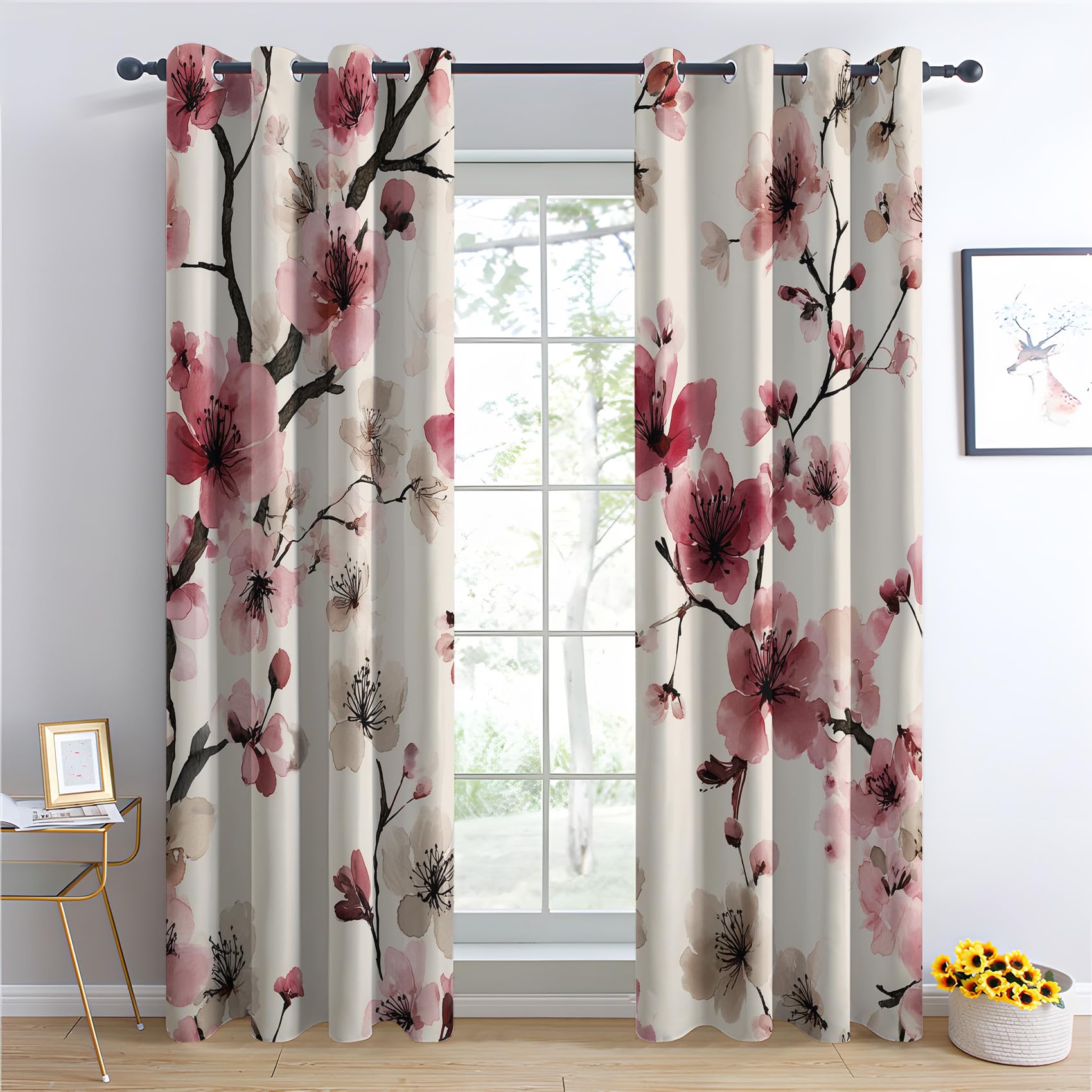 Venivici Cherry Blossom Blackout Curtains for Bedroom Living Room - 84 Inch Drop Curtains Eyelet, Japanese Red Floral Patterned Window Treatments, Thermal Insulated Drapes 52x84 2 Panels